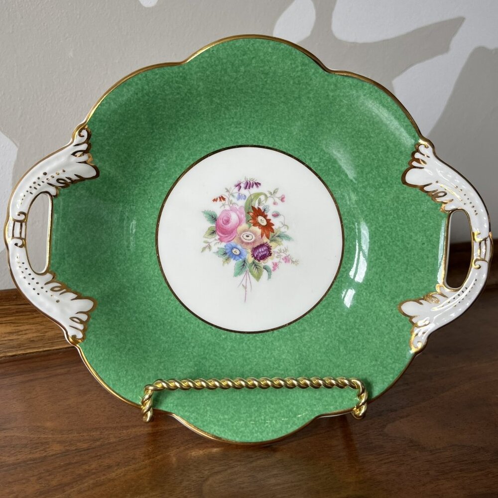 Coalport Bone China Handled Green Floral Bon Bon Candy Dish England Vintage Gold